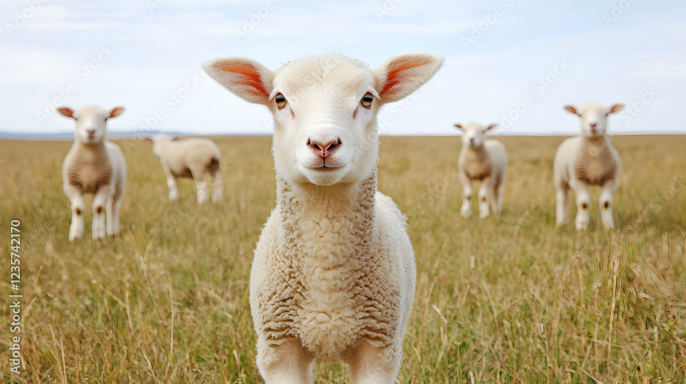 Obraz premium Lamb stares, sheep graze, grassy field, rural scene, idyllic farm