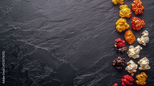 Multicolored Popcorn Arrangement on Black Slate Board with Spotlighting