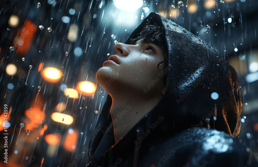 A Young Man in Hoodie Gazing at Rainy Sky with Street Lights A Young Man in Hoodie Gazing at Rainy Sky with Street Lights