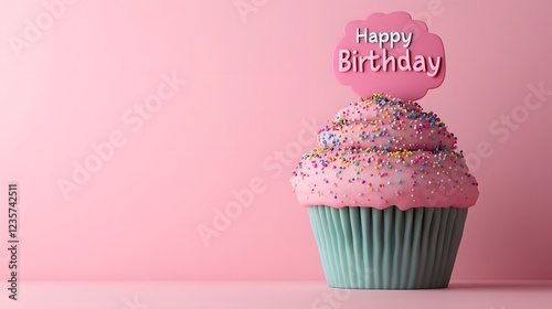 Whimsical 3D Illustrated Cupcake with Vibrant Sprinkles and Pastel Tones for Birthday