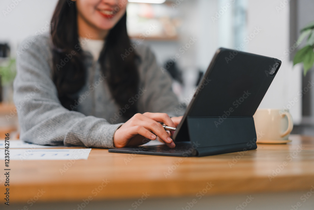woman using tablet with keyboard case while sitting at wooden desk, smiling and working in modern office woman using tablet with keyboard case while sitting at wooden desk, smiling and working in modern office