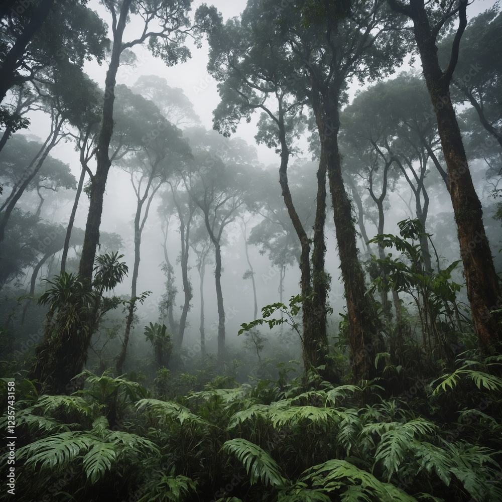 Naklejka premium A jungle landscape with majestic trees shrouded in dreamy white fog.