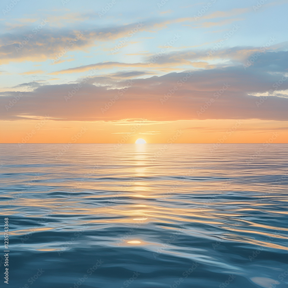 Fototapeta premium Serene Sunset Seascape: A tranquil seascape at golden hour with a majestic sunset painting the horizon with hues of orange, pink, and purple. Gentle waves dance across the water.