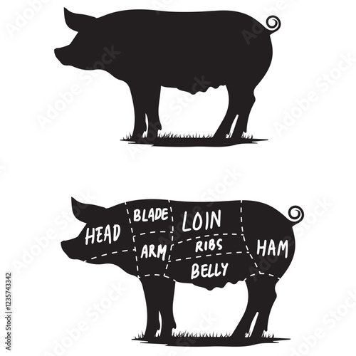 Pig Butcher diagram. Pig Butcher Shop Sign. Pig silhouettes