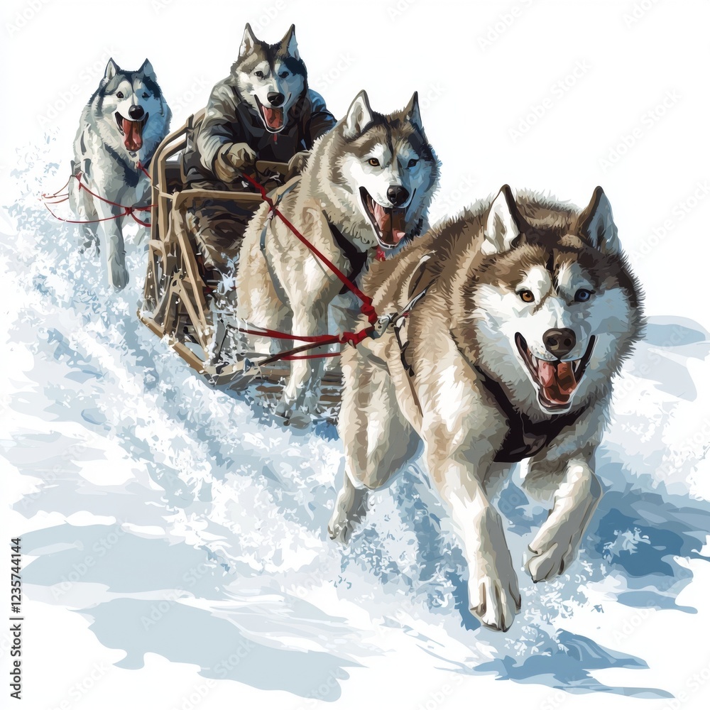 Sled dogs journeying through snowy landscape with a musher in a lively winter scene Sled dogs journeying through snowy landscape with a musher in a lively winter scene