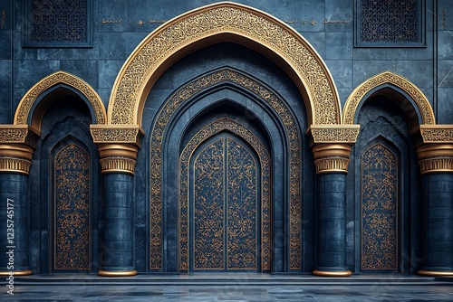 Ramadan inspired ornate blue and gold arched doorways against a textured dark wall

