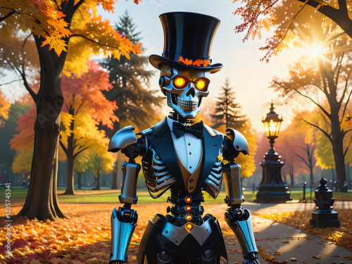 A Robot Skeleton's Elegant Encounter: Top Hat, Bow Tie, and Glowing Eyes in a Fall Park photo