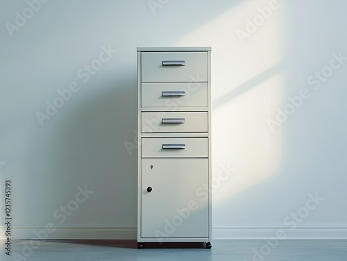 Gray metal filing cabinet with four drawers and a lockable door standing against a white wall