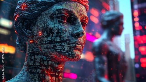 Cyberpunk statue, city night, digital art, future photo