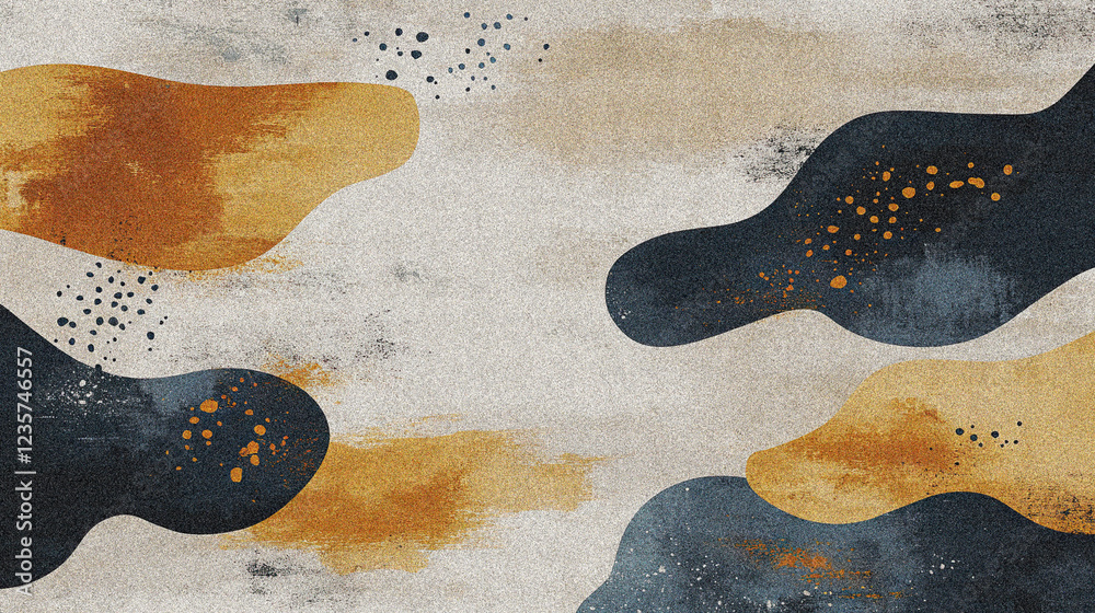 Obraz premium Abstract textured background with organic shapes in earthy tones of ochre, beige, and dark blue, accented by splatters and rough details