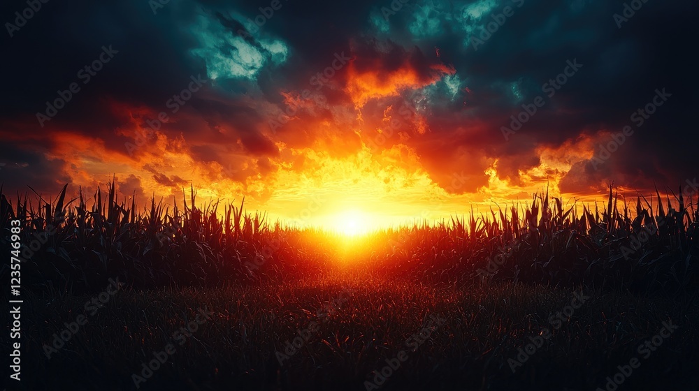 Fototapeta premium Dramatic sunset over cornfield, fiery sky