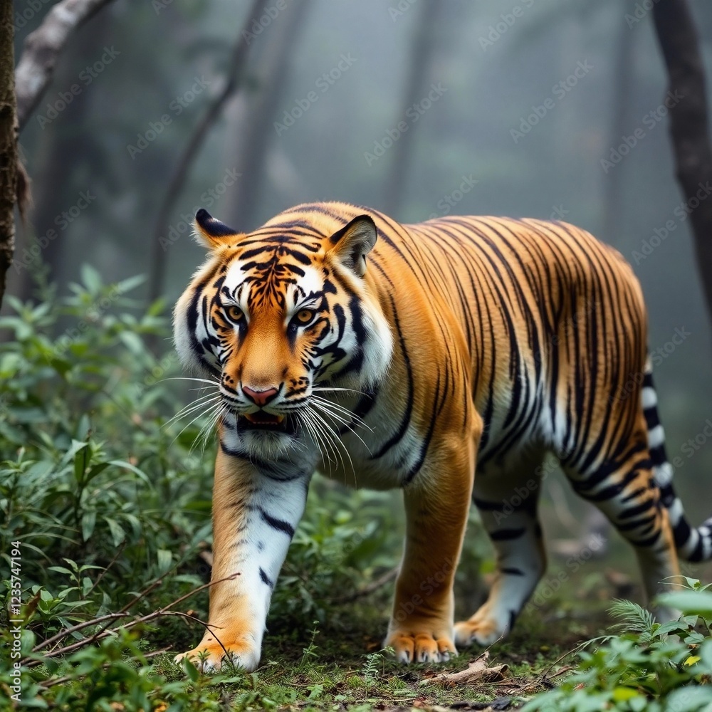 A tiger walks in a misty forest with sharp black and orange stripes detailed.