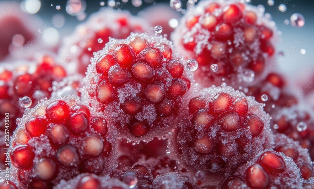 Close-up of frozen raspberries with bubbles Close-up of frozen raspberries with bubbles