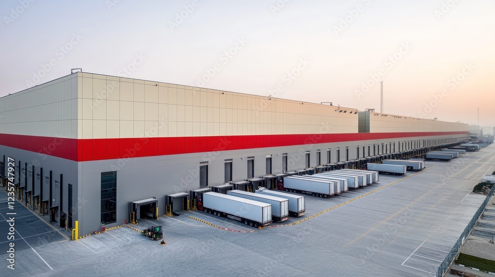 A large industrial warehouse with loading docks and trucks ready for transport. A large industrial warehouse with loading docks and trucks ready for transport.