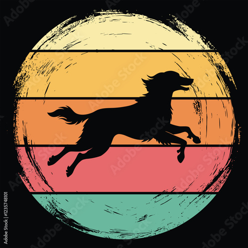 English Setter Dog Silhouette With sunset retro illustration Vector, Dog vintage sunset retro background