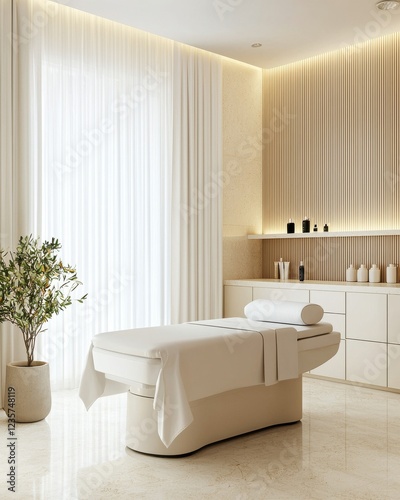 A serene spa room featuring a massage table, calming decor, soft lighting, and natural elements for relaxation and wellness.