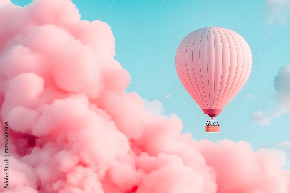 Fototapeta premium A whimsical hot air balloon floats serenely amidst cotton candy clouds, a dreamy escape.