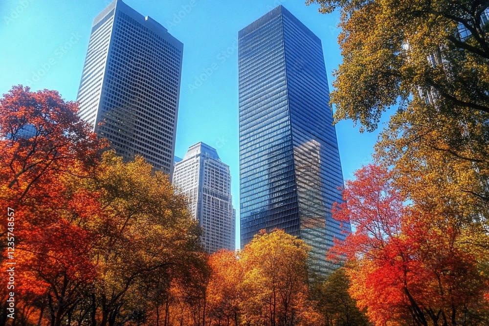 Obraz premium Tall Skyscrapers Amidst Vibrant Autumn Foliage Under a Sunny Sky