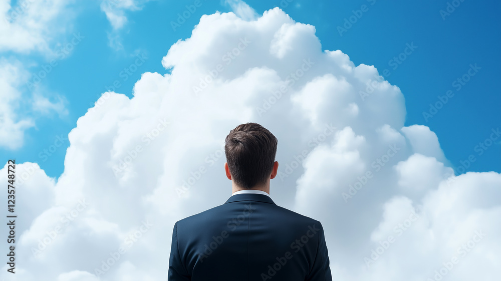 A business professional gazing at a towering white cloud, symbolizing aspirations and possibilities. A business professional gazing at a towering white cloud, symbolizing aspirations and possibilities.
