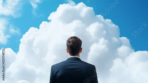 A business professional gazing at a towering white cloud, symbolizing aspirations and possibilities.
