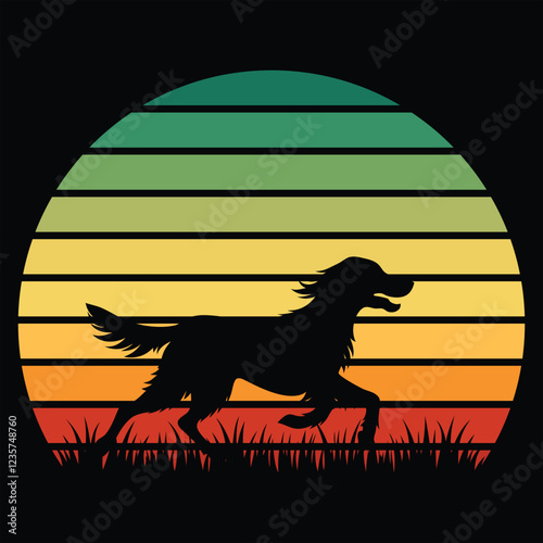 English Setter Silhouette with Retro Sunset Vector
