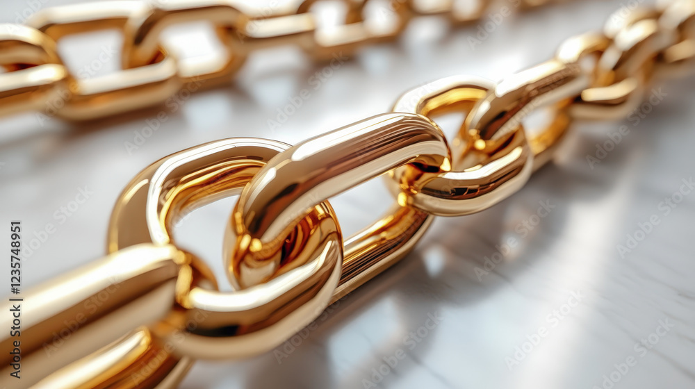 Fototapeta premium Golden metallic chain links on a reflective marble background