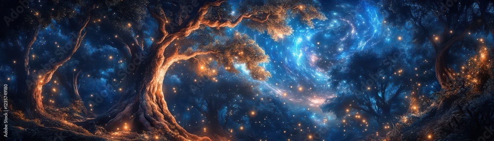 Fototapeta premium A mesmerizing nebula enveloping a mystical forest, ethereal lights dancing amidst ancient trees, surreal, luminescent, fantasy vibes