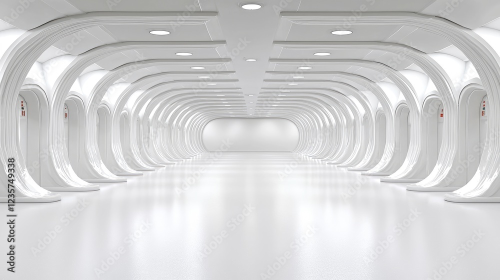 Naklejka premium Futuristic white corridor, endless perspective, clean design, modern architecture, background for science fiction