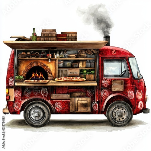 Vintage Food Truck with Pizza Oven and Rustic Decor Ideal for Street Food Events and Culinary Festivals photo