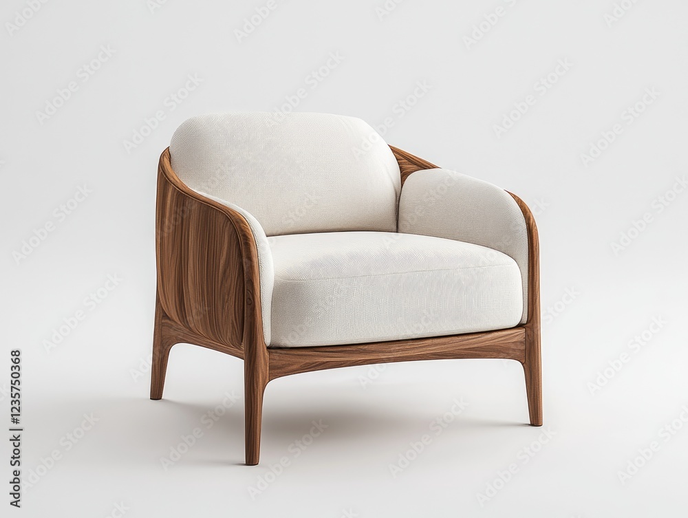 Elegant lounge chair with a wooden frame and white fabric upholstery on a white backdrop Elegant lounge chair with a wooden frame and white fabric upholstery on a white backdrop