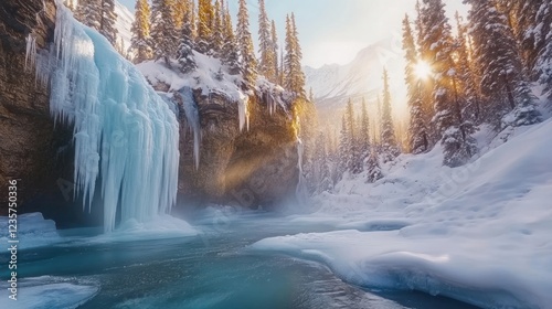 Frozen waterfall in snowy canyon, sunrise. Winter landscape, travel poster