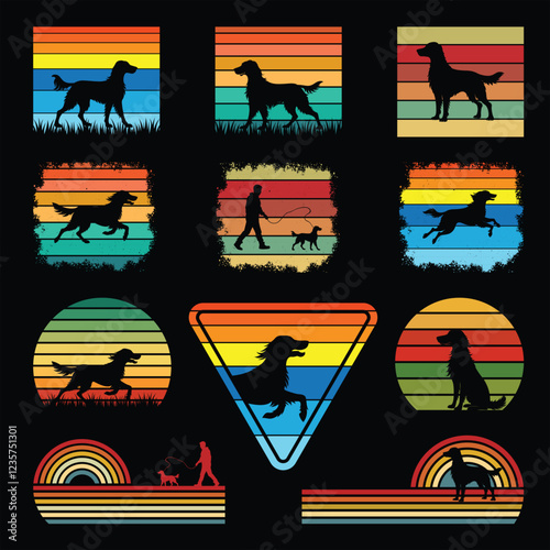 Set of English Setter Silhouette Against Vintage Sunset Background