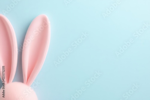 Close-up of bunny ears emerging from the lower frame, smooth pastel blue backdrop, festive and fun holiday theme