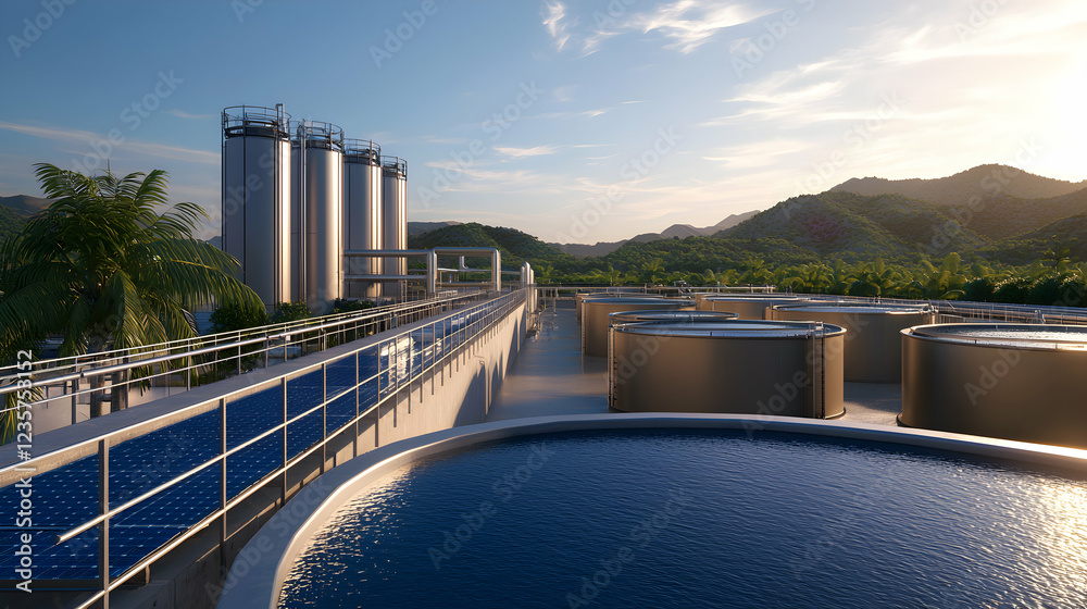 Naklejka premium A modern water treatment facility showcasing large storage tanks and filtration systems amidst lush mountains