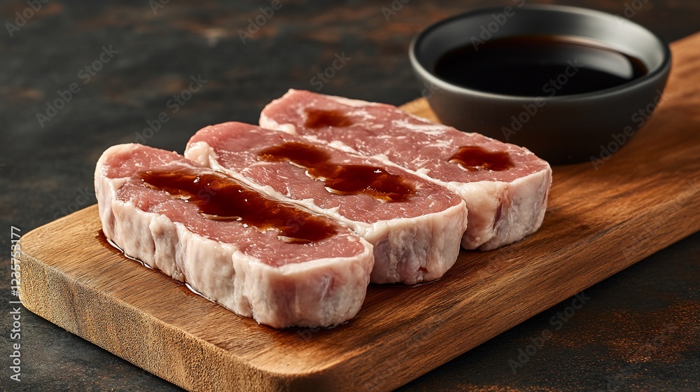 Three Marinated Beef Steaks on Wooden Board with Dark Sauce Three Marinated Beef Steaks on Wooden Board with Dark Sauce