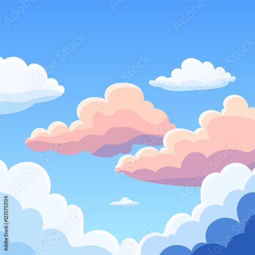 Evening sky with fluffy clouds in anime style. A beautiful cloudscape featuring colorful twilight and soft cumulus clouds.