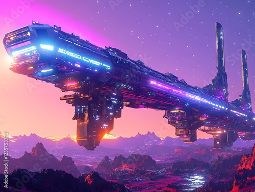 Cyberpunk space station hovering over a neon-lit exoplanet landscape 