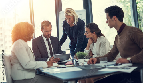 Office, manager and business people with tablet for research, economy report and investment review. Staff, teamwork or financial advisor with digital for accounting firm, planning or meeting by flare