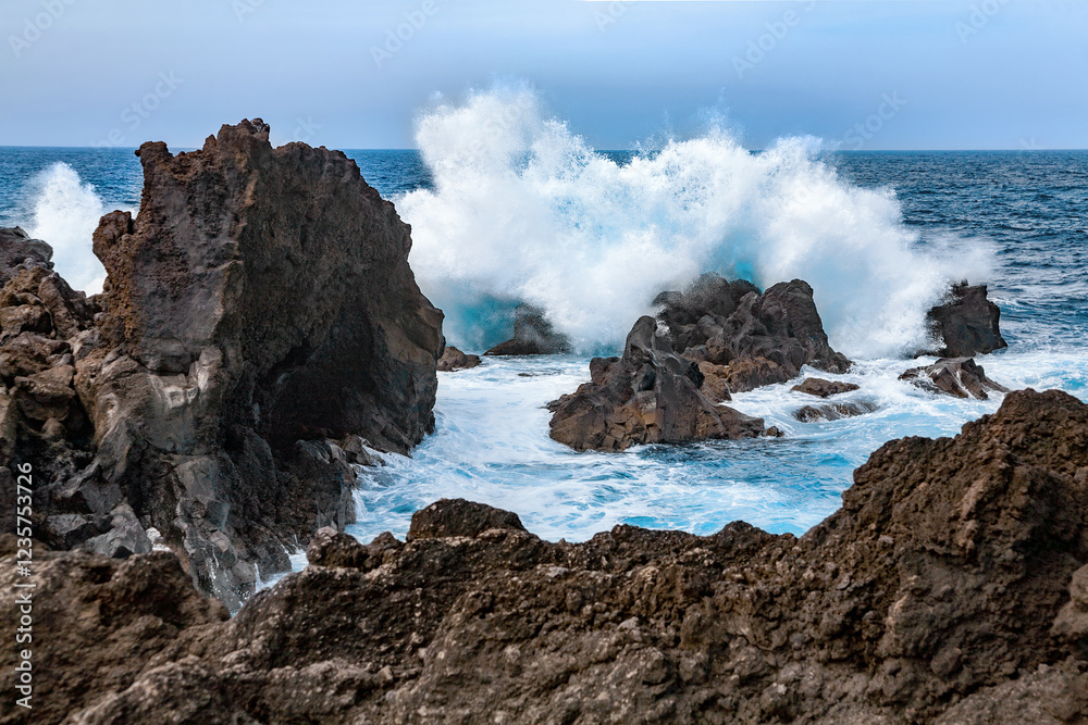 Obraz premium Waves crashing on the volcanic cliffs, Island Lanzarote, Canary Islands, Spain, Europe.