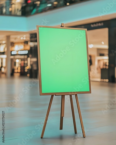 A blank green display board on an easel in a shopping mall setting. photo