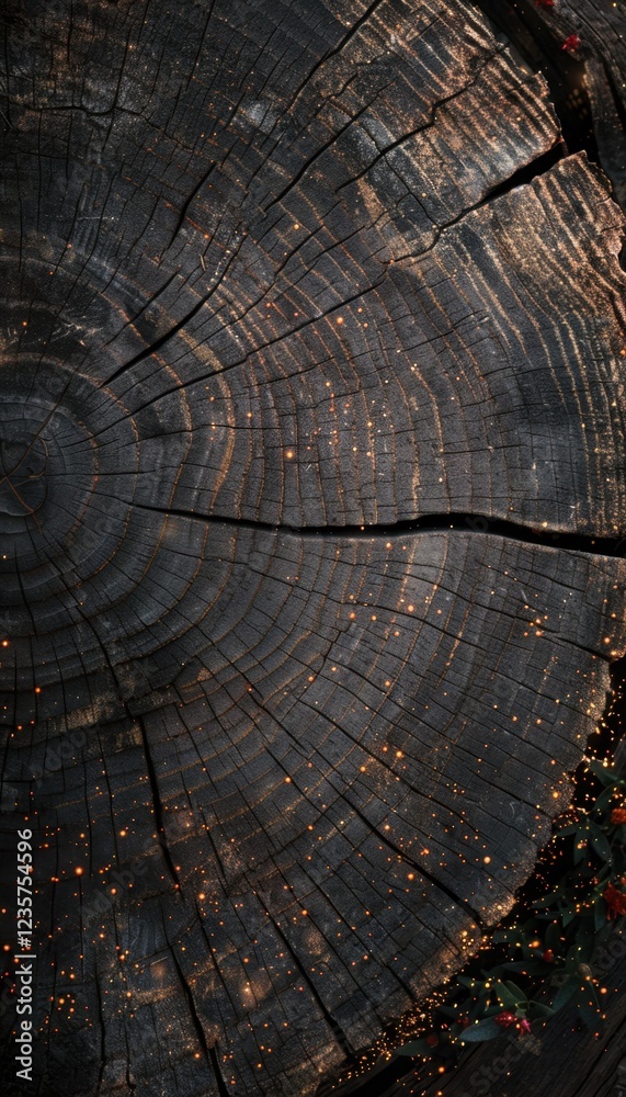 Fototapeta premium Dark wood grain with glittering accents. A rustic, magical scene.