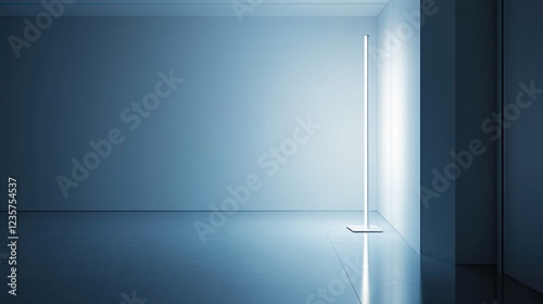 Minimalist interior with vertical light and monochromatic blue tones creating a serene atmosphere