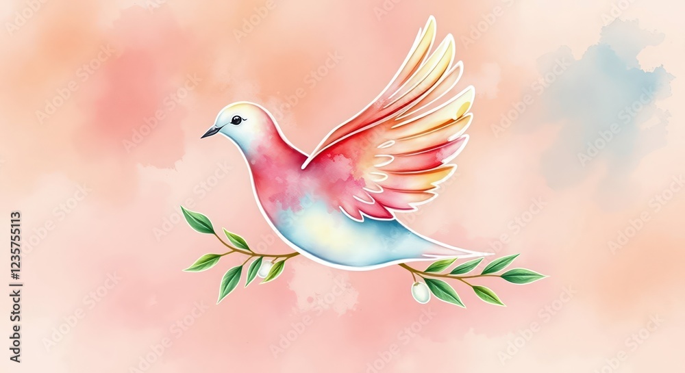 Fototapeta premium Peace Dove Icon With Leaf watercolor painting