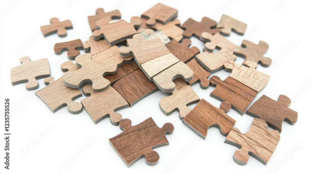 Fototapeta premium Handmade wooden puzzle pieces in various shades and textures, showcasing craftsmanship and creativity. Perfect for interactive play and educational activities