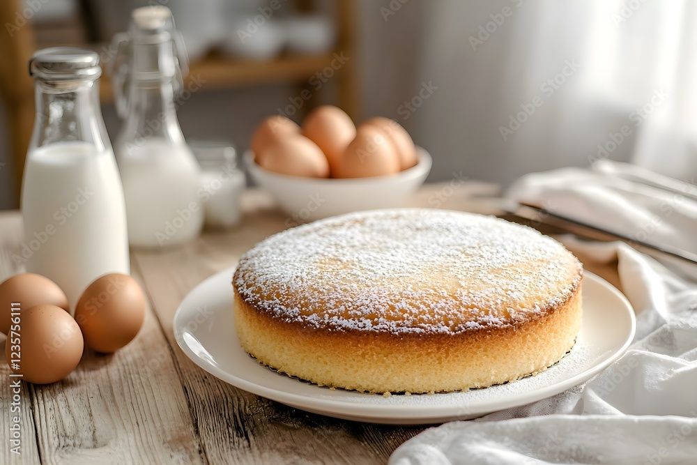 Homemade round sponge cake with golden crust on plate, with ingredients Homemade round sponge cake with golden crust on plate, with ingredients