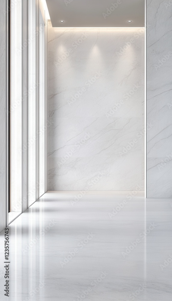 Bright, minimalist hallway with marble walls and polished floors. Modern design. Bright, minimalist hallway with marble walls and polished floors. Modern design.