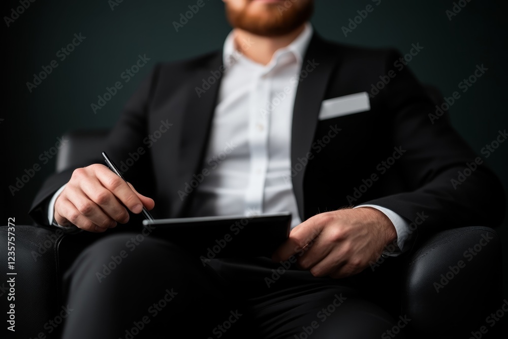 Business professional seated in modern environment taking notes on digital tablet during brainstorming session Business professional seated in modern environment taking notes on digital tablet during brainstorming session