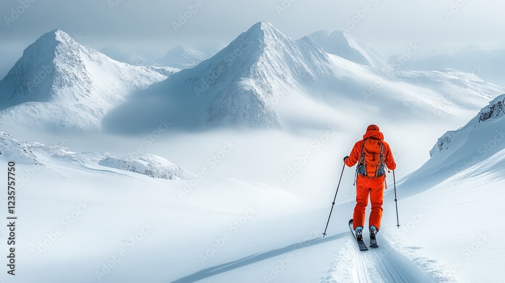 Skier in Bright Orange Gear Ascending Snowy Mountain Trail with Majestic Peaks in Background Skier in Bright Orange Gear Ascending Snowy Mountain Trail with Majestic Peaks in Background
