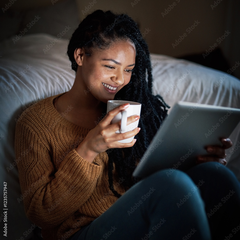 Night, bedroom and woman on tablet with drink for movies, reading ebook and internet. Home, happy and person on digital tech for entertainment, streaming subscription and watching videos in dark Night, bedroom and woman on tablet with drink for movies, reading ebook and internet. Home, happy and person on digital tech for entertainment, streaming subscription and watching videos in dark