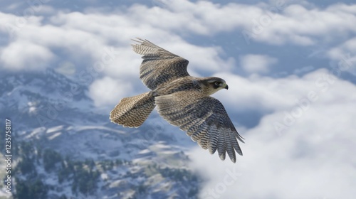 A Gyrfalcon Soaring Above Snowy Mountain Peaks